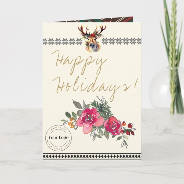 Happy Holidays Boho Business Logo Greeting Card (Front)
