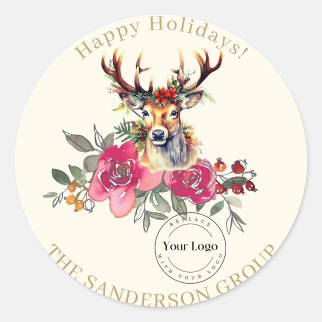 Happy Holidays Boho Custom Logo Round Sticker (Front)