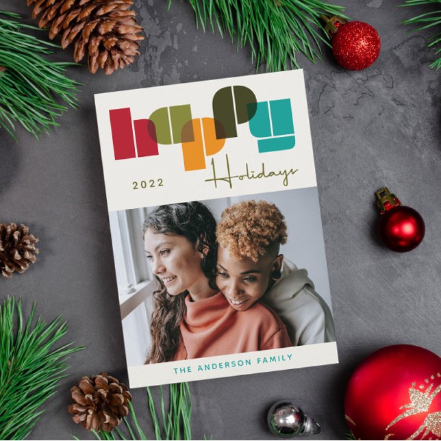 Happy Holidays Bold Colors Green Typography Photo  Holiday Card (Creator Uploaded)