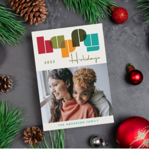 Happy Holidays Bold Colours Green Typography Photo Holiday Card