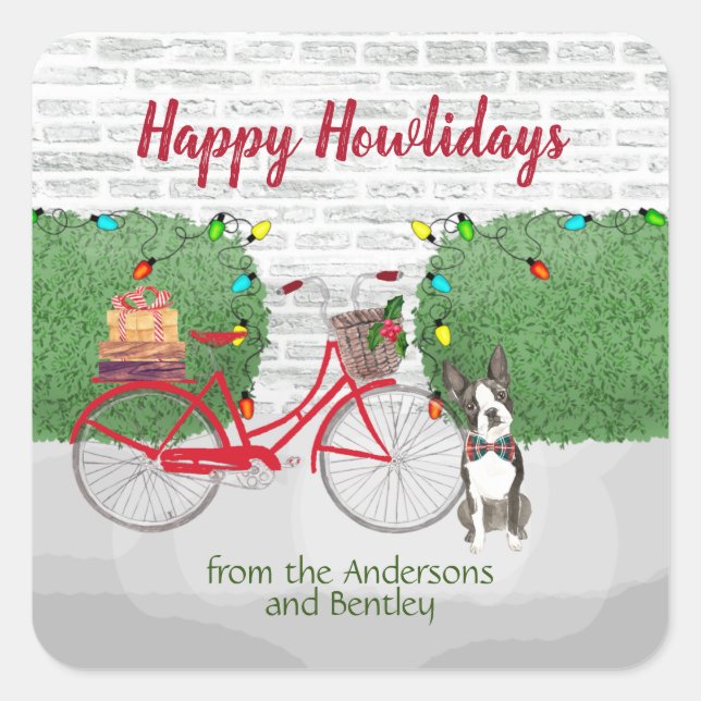 Happy Holidays  Boston Terrier Red Bicycle  Square Sticker (Front)