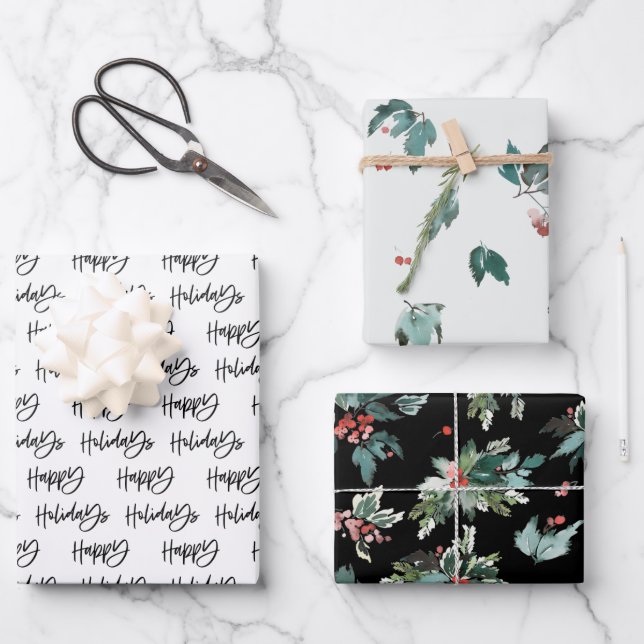 Happy Holidays Botanical Berry Pattern Wrapping Paper Sheet (Front)