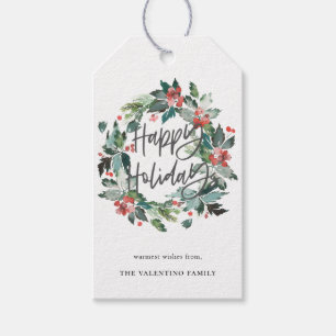 Happy Holidays Botanical Berry Wreath Christmas Gift Tags