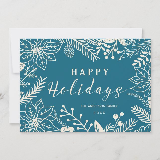 HAPPY HOLIDAYS BOTANICAL BLUE AND WHITE PHOTO CARD (Front)