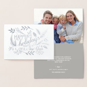 Happy Holidays Botanical Branches Word Art Silver Foil Card