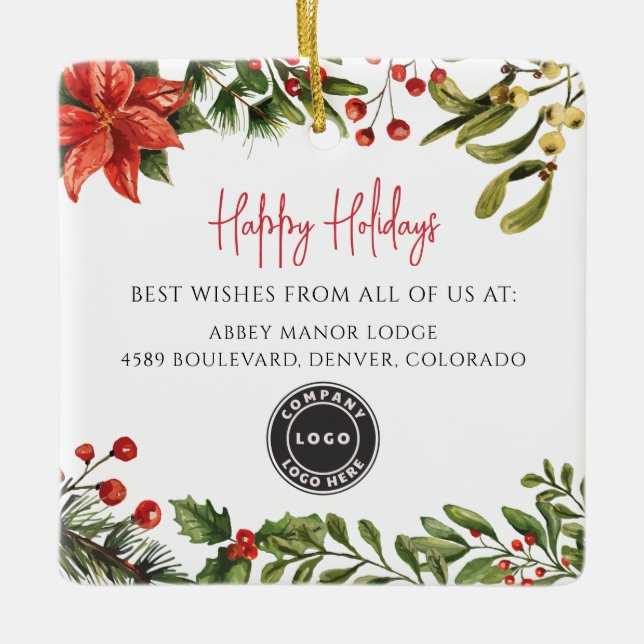 Happy Holidays Botanical Business Logo Christmas Ceramic Ornament (Front)