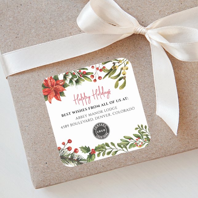 Happy Holidays Botanical Business Logo Christmas Square Sticker (Botanical Red Berries Business Logo Happy Holidays Christmas Square Sticker)