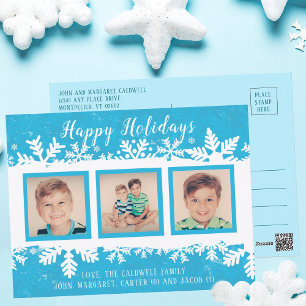 Happy Holidays Bright Blue Snowflakes 3 Photo Postcard