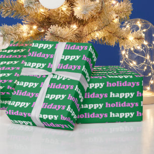 Happy Holidays   Bright Pink and Green Typography Wrapping Paper