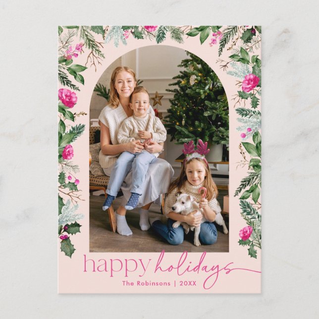 Happy Holidays Bright Pink Greenery Arch Photo Postcard (Front)