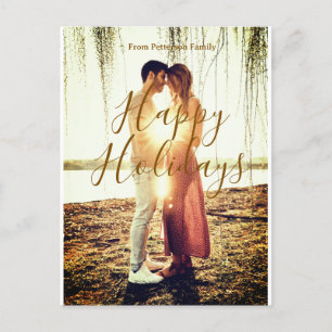 Happy holidays brown add couple photo name date mo holiday postcard
