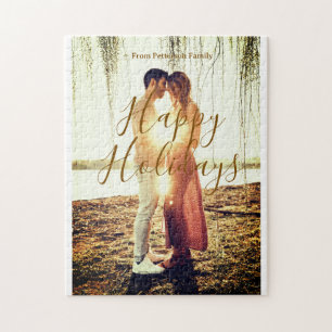 Happy holidays brown add couple photo name date mo jigsaw puzzle