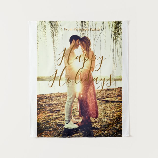 Happy holidays brown add couple photo name date mo tapestry (Front)