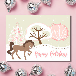 Happy Holidays Brown Horse Pink Winter Christmas Holiday Card