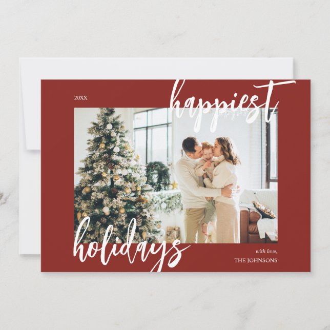 Happy Holidays Brush Script Photo Red Holiday Card (Front)