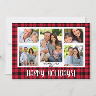 Happy Holidays Buffalo Plaid 5 Photo Christmas Holiday Card