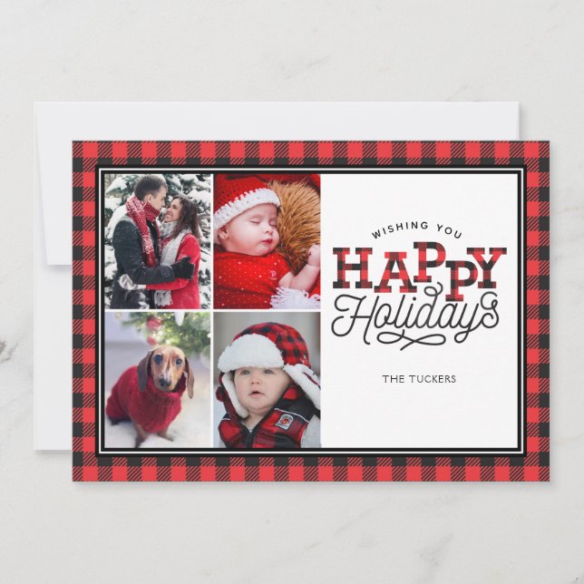 HAPPY Holidays Buffalo Plaid Border 4-Photo Card (Front)