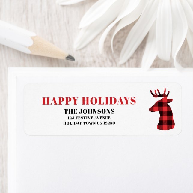 Happy Holidays Buffalo Plaid Deer Return Address (Insitu)