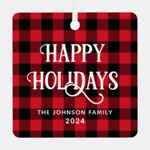 Happy Holidays Buffalo Plaid Family Photo Metal Tree Decoration