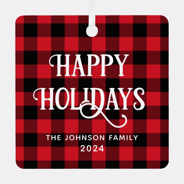 Happy Holidays Buffalo Plaid Family Photo Metal Tree Decoration (Front)