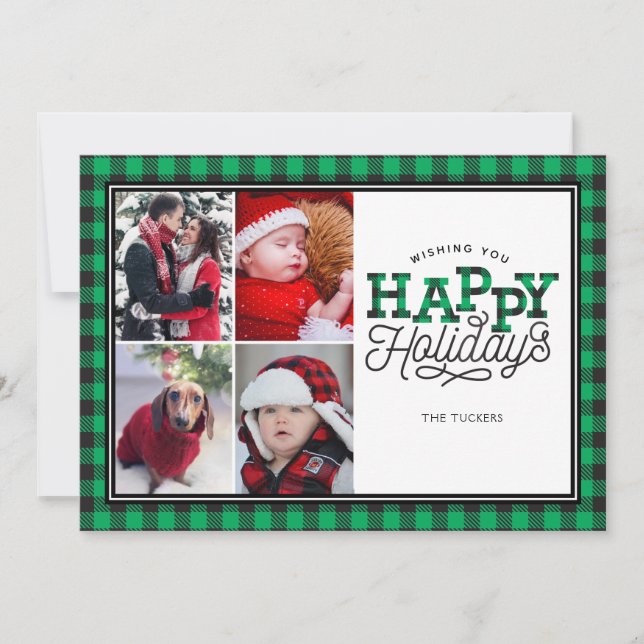 HAPPY Holidays Buffalo Plaid Green 4-Photo Card (Front)