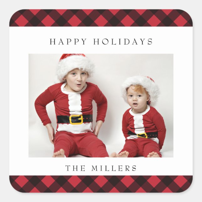 Happy Holidays Buffalo Plaid Labels Stickers (Front)