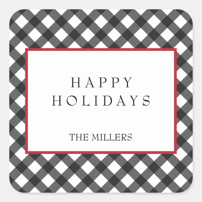 Happy Holidays Buffalo Plaid Labels Stickers (Front)