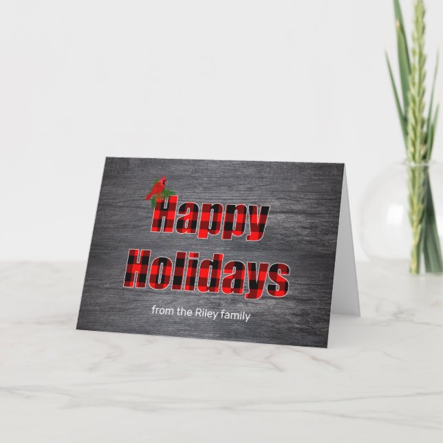 Happy Holidays buffalo plaid on grey wood Card (Front)