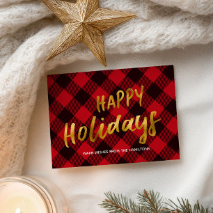 Happy Holidays Buffalo Red Plaid Gold Christmas Holiday Postcard