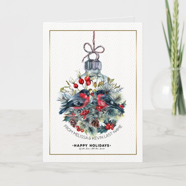Happy Holidays Bull-Finch Christmas Ornament Holiday Card (Front)