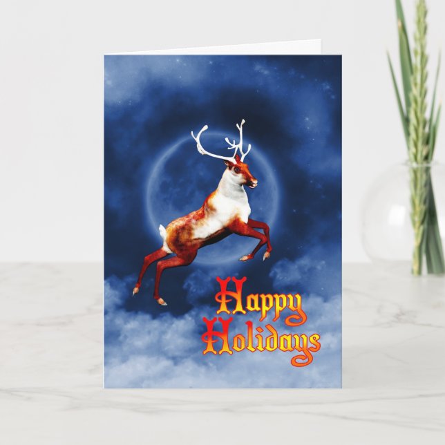 Happy Holidays business card with flying reindeer (Front)