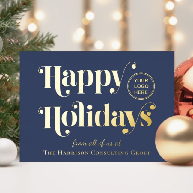 Happy Holidays Business Logo Blue Christmas (Show gratitude to your valued customers, clients and partners with an elegant gold foil holiday card)
