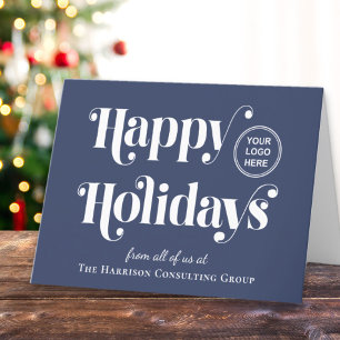 Happy Holidays Business Logo Blue Holiday Card