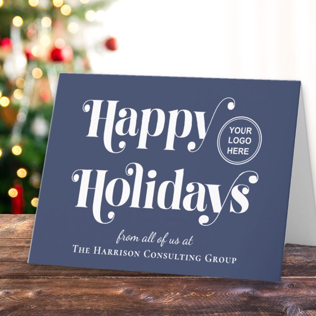 Happy Holidays Business Logo Blue Holiday Card (Spread warmth, appreciation, and gratitude to your valued customers, clients, employees and partners)