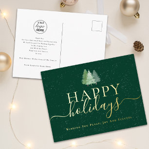 Happy Holidays Business Logo Christmas Trees Gold Foil Holiday Postcard