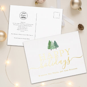 Happy Holidays Business Logo Christmas Trees Gold Foil Holiday Postcard