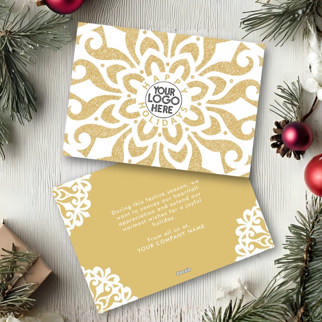 Happy Holidays Business Logo Snowflake Gold  Holiday Card (Creator Uploaded)