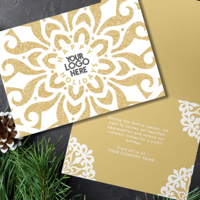 Happy Holidays Business Logo Snowflake Gold  Holiday Card (Creator Uploaded)