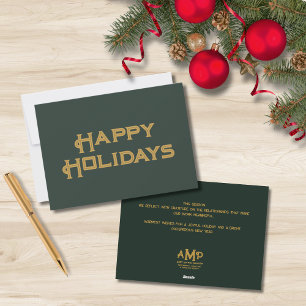 Happy Holidays Business Monogram Green and Gold Holiday Card