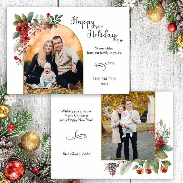 Happy Holidays Calligraphy Arch Floral Photo Holiday Card (Creator Uploaded)