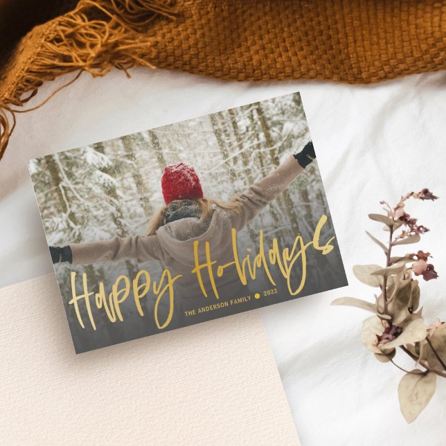  Happy Holidays Calligraphy Gold Photo Christmas Holiday Card (Creator Uploaded)