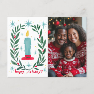 Happy Holidays Candle Hand Drawn CUSTOM PHOTO  Holiday Postcard