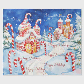 Happy Holidays Candy Cane Christmas House Wrapping Paper