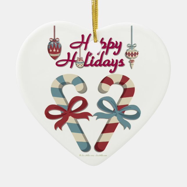 Happy Holidays Candy Cane Heart Ceramic Tree Decoration (Front)