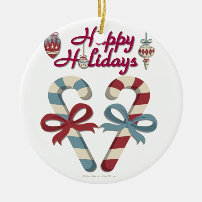 Happy Holidays Candy Cane Heart Ceramic Tree Decoration (Front)