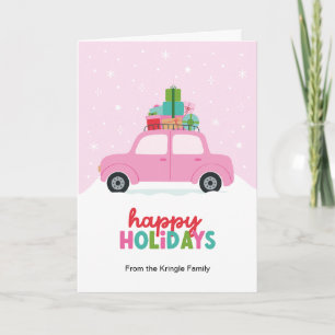 Happy Holidays Car with Christmas Gifts in Pink Holiday Card