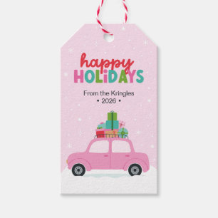 Happy Holidays Car with Gifts in Pink Custom Gift Tags