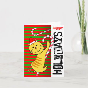 Happy Holidays Card Cat On Candy Cane