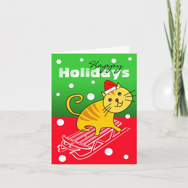 Happy Holidays Card Cat On Sledge (Front)
