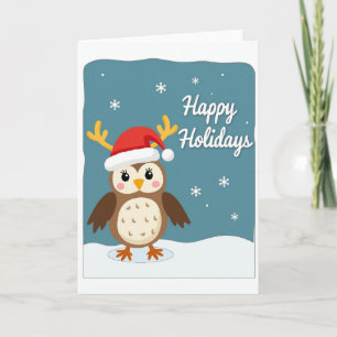Happy Holidays Card Cute Owl Santa Hat Reindeer